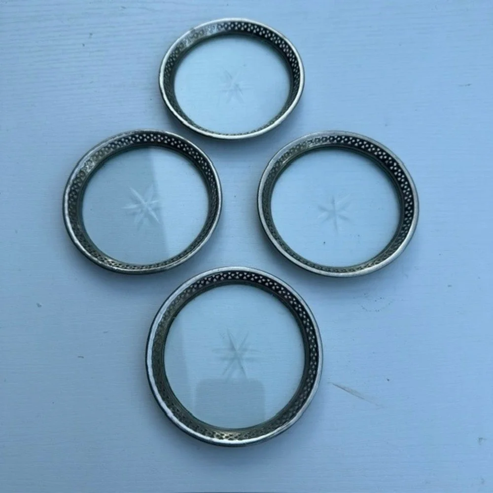 Vintage Glass Coasters Set 4 Starburst Etched Silver Rim Pierced Gallery 4in